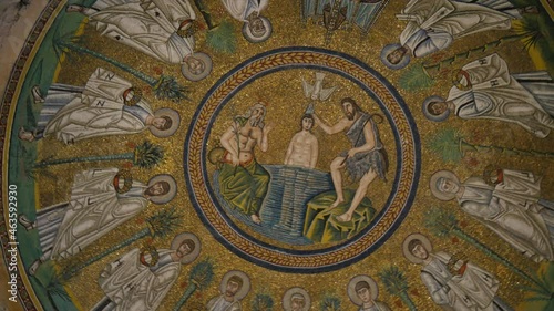 Ravenna, Italy, JUNE ,5, 2016. Circle view of mosaic of Arian Baptistery. Unesco