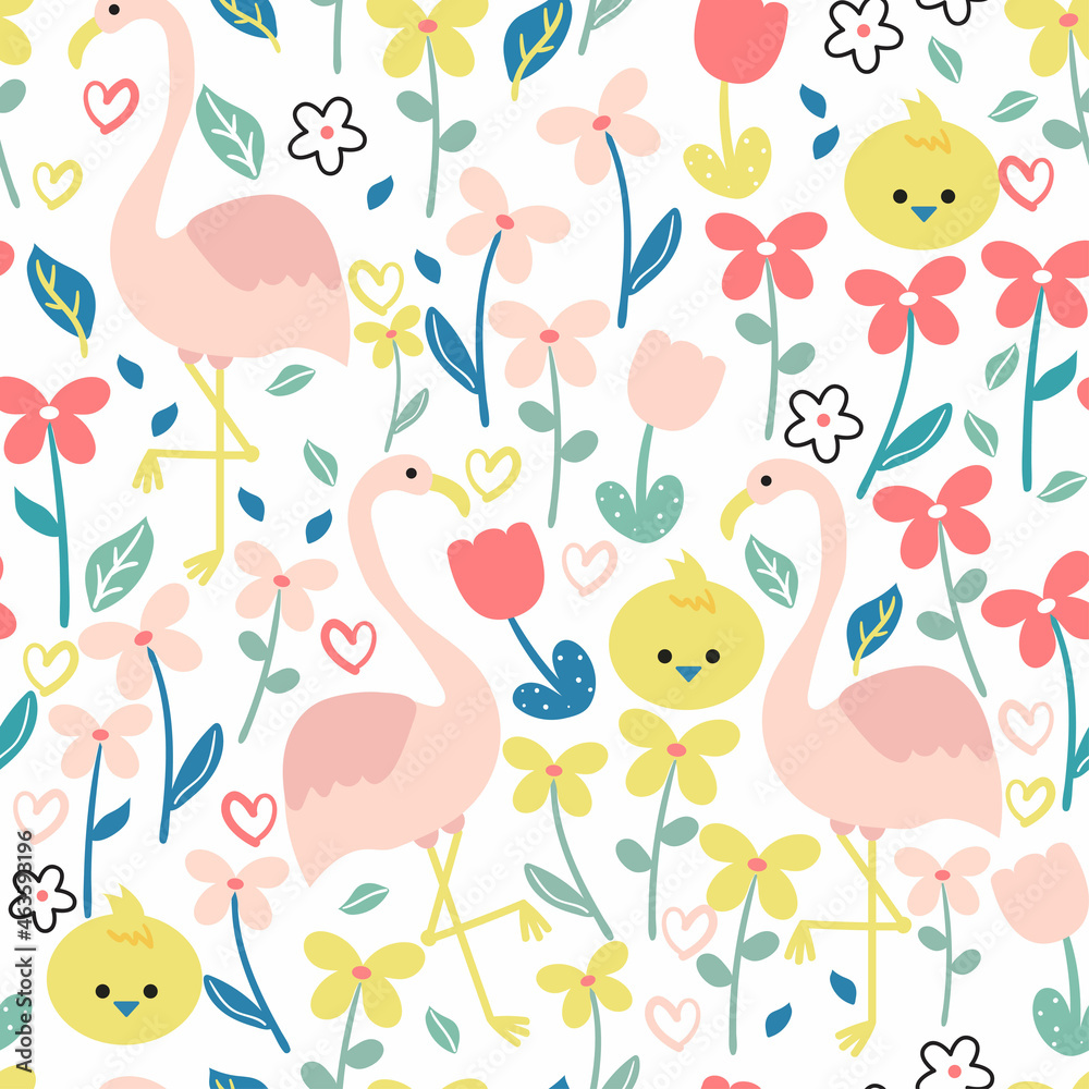 Seamless pattern with cute cartoon animal and plant for fabric print, textile, gift wrapping paper. colorful vector for textile, flat style Seamless pattern with cute cartoon animal and plant for fabric print, textile, gift wrapping paper. colorful vector for textile, flat style