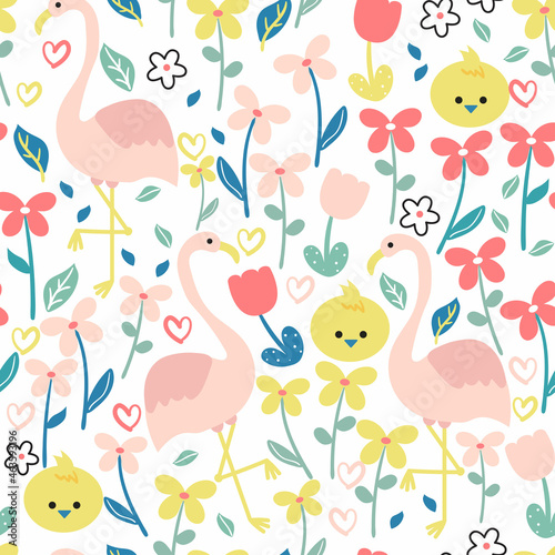 Seamless pattern with cute cartoon animal and plant for fabric print, textile, gift wrapping paper. colorful vector for textile, flat style