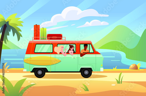 Summer trip. Happy сartoon people. Vector illustration in flat style. © Viktoriia