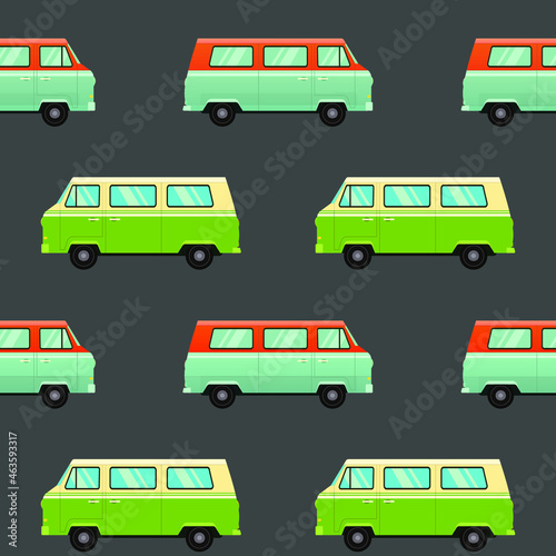 Vintage camper van bus seamless pattern on grey background. Vector illustration in flat style. Classic hippie vans in retro style.