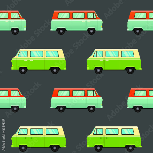 Vintage camper van bus seamless pattern on grey background.  Vector illustration in flat style. Classic hippie vans in retro style.