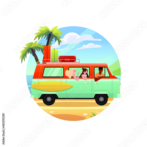 Surfing bus on a tropical beach. Happy young people. Summer trip. Vintage camper van bus. Vector illustration in flat style. 