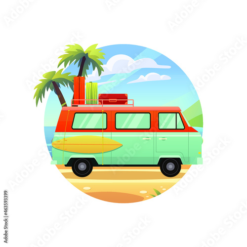 Surfing bus on a tropical beach. Summer trip. Vintage camper van bus. Vector illustration in flat style.