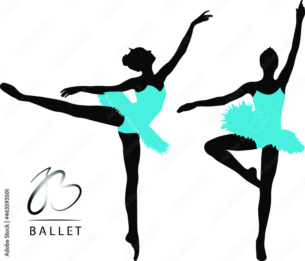 dancing ballerina, black silhouettes in blue dresses on a white background