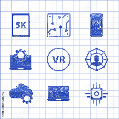 Set Virtual reality, Laptop, Processor, Project team base, Cloud technology data transfer and storage, gear, Mobile graphic password protection and Tablet with text 5k icon. Vector