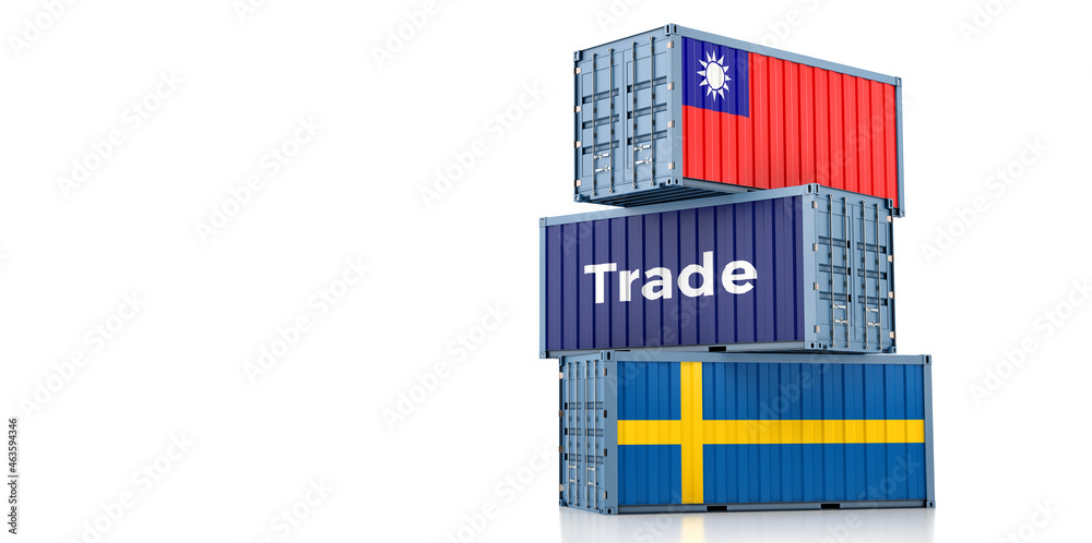 Shipping containers with Sweden and Taiwan flag. 3D Rendering Shipping containers with Sweden and Taiwan flag. 3D Rendering