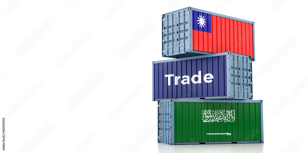 Shipping containers with Saudi Arabia and Taiwan flag. 3D Rendering 