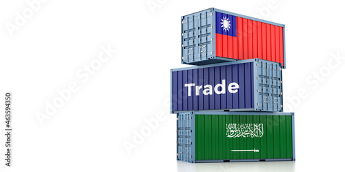 Shipping containers with Saudi Arabia and Taiwan flag. 3D Rendering © Marius Faust