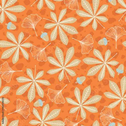 Chest Nut, Ginkgo Leaves Acorns Vector Seamless Pattern