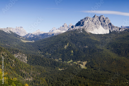 View of the Dolomites landscape from the CAI217 trail, Dolomites, Italy
