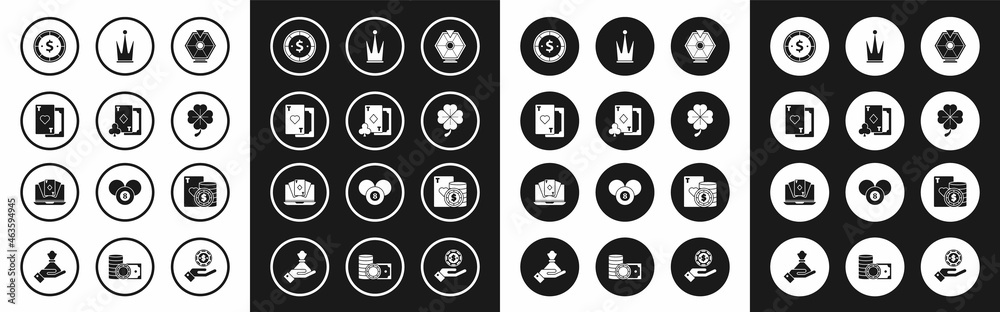 Set Lucky wheel, Playing card with diamonds, heart, Casino chip dollar, Four leaf clover, Crown, and playing cards and Online poker table game icon. Vector