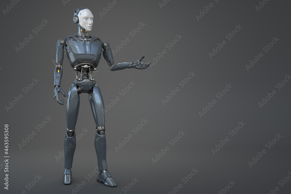 Robot android posing on a gray background