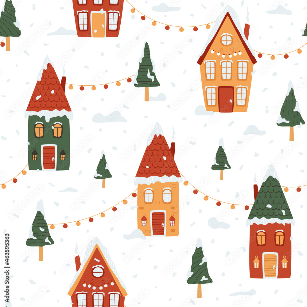 Christmas snowy village, cute houses, fur-trees, street decorated with light bulbs. Bright city in red, green, yellow colors. Seamless pattern with winter festive landscape and snowfall.