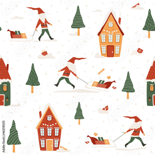 Funny Christmas gnome running with sleigh and scatters gifts in winter village. Humorous seamless pattern with happy dwarf in Santa costume, delivers gifts to cozy fairy-tale homes. Cute snowy houses
