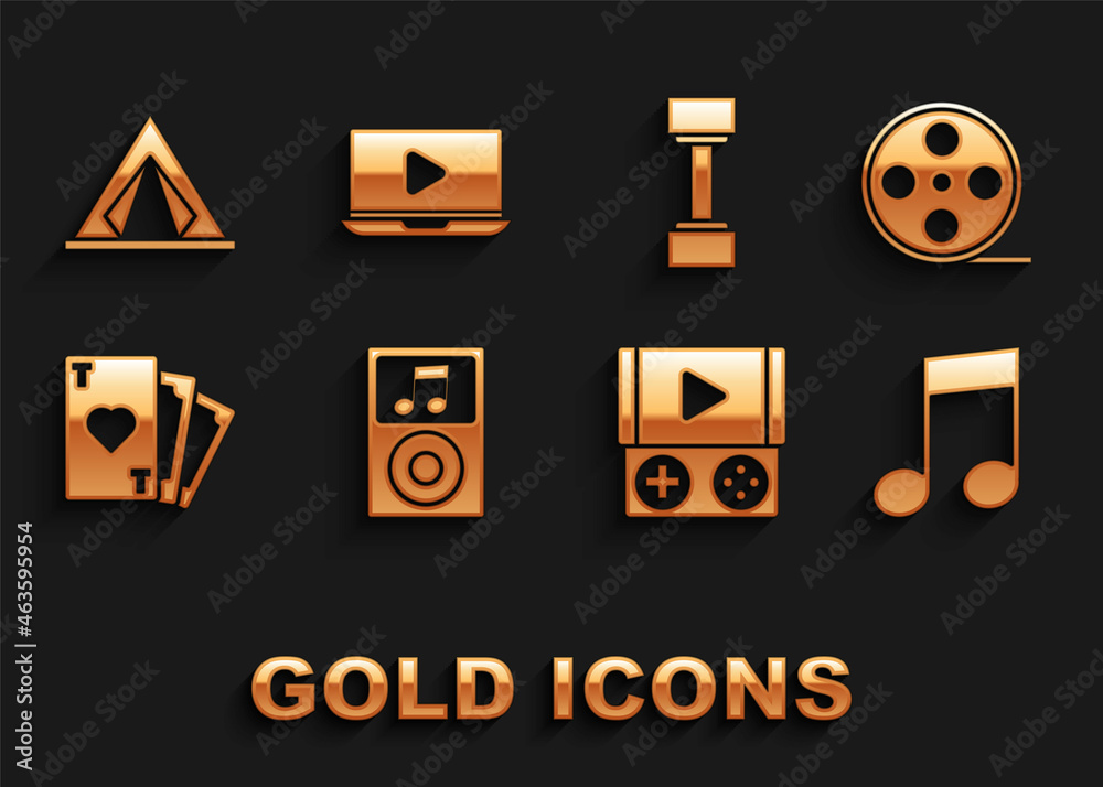 Set Music player, Film reel, note, tone, Portable video game console, Playing card with heart symbol, Dumbbell, Tourist tent and Online icon. Vector Set Music player, Film reel, note, tone, Portable video game console, Playing card with heart symbol, Dumbbell, Tourist tent and Online icon. Vector