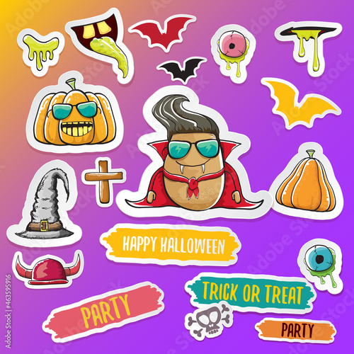Vector halloween sticker icons set with dracula, witch hat, scary pumpkin, bat , skull, happy halloween text, demon and zombie eyes, wooden cemetry cross, monsters isolated on violet background.