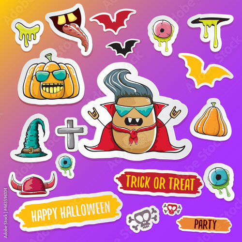 Vector halloween sticker icons set with dracula, witch hat, scary pumpkin, bat , skull, happy halloween text, demon and zombie eyes, wooden cemetry cross, monsters isolated on violet background.