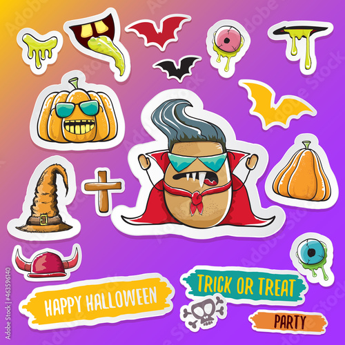 Vector halloween sticker icons set with dracula, witch hat, scary pumpkin, bat , skull, happy halloween text, demon and zombie eyes, wooden cemetry cross, monsters isolated on violet background.