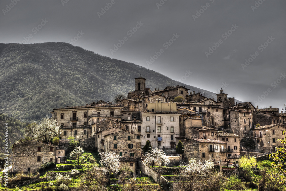 The ancient village of Scanno and the blossoming trees in spring