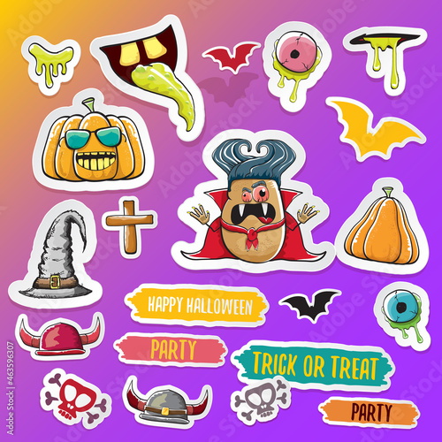 Vector halloween sticker icons set with dracula, witch hat, scary pumpkin, bat , skull, happy halloween text, demon and zombie eyes, wooden cemetry cross, monsters isolated on violet background.