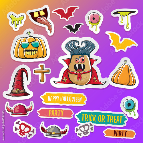 Vector halloween sticker icons set with dracula, witch hat, scary pumpkin, bat , skull, happy halloween text, demon and zombie eyes, wooden cemetry cross, monsters isolated on violet background.