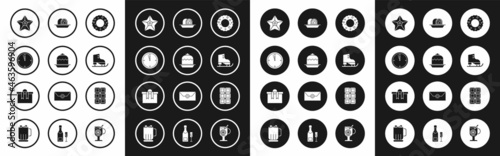 Set Christmas wreath, Cake, Clock, star, Figure skates, Marzipan sponge cake, Chocolate bar and Gift box icon. Vector