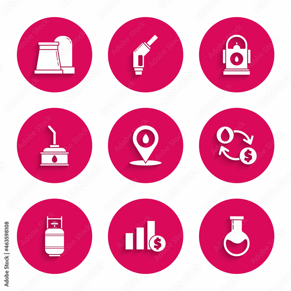 Set Refill petrol fuel location, Oil exchange, water transfer, convert, Propane gas tank, Canister for motor machine oil, Petrol Gas station and industrial factory building icon. Vector