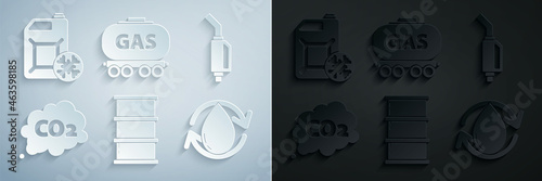 Set Barrel oil, Gasoline pump nozzle, CO2 emissions cloud, Oil drop, railway cistern and Antifreeze canister icon. Vector