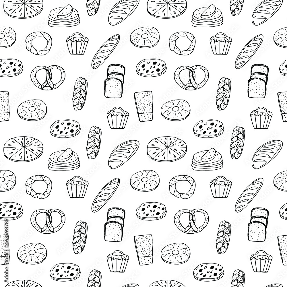 Bread seamless pattern vector illustration, hand drawing doodles