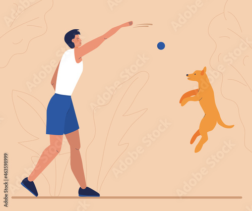 A tall sporty guy is playing with a dog. The boy trains the pet. The man throws the ball to the dog. The dog jumps and catches the ball. Walking an animal in the park. Vector flat illustration