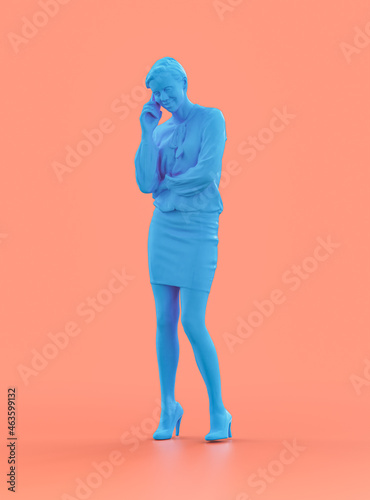 A young woman standing talking on cell phone., blue color monochrome person model, single color person, 3d Rendering
