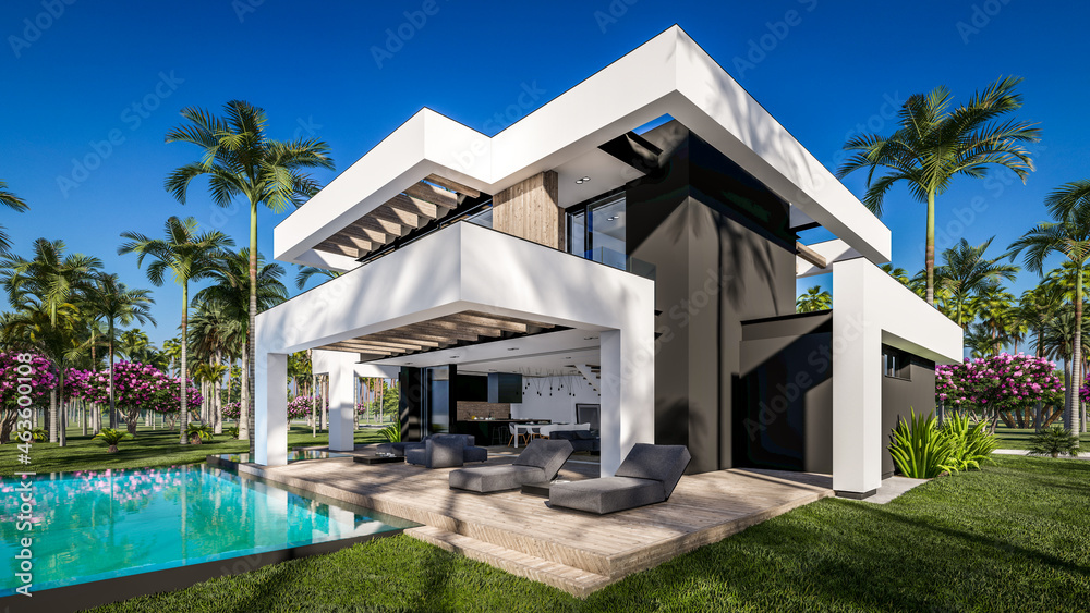 3d rendering of modern cozy house with pool and parking for sale or rent in luxurious style by the sea or ocean. Sunny day by the azure coast with palm trees and flowers in tropical island - obrazy, fototapety, plakaty 