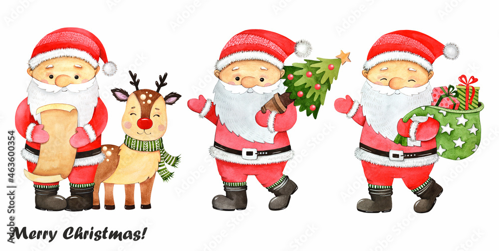 Cartoon Santa Claus with Christmas tree, deer, gifts. Christmas set on a white background. Watercolor illustration. Cartoon Santa Claus with Christmas tree, deer, gifts. Christmas set on a white background. Watercolor illustration.