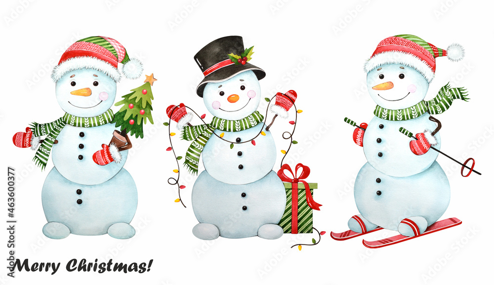 Christmas snowmen on a white background. Cute cartoon snowmen with a Christmas tree, gifts. Watercolor illustration.