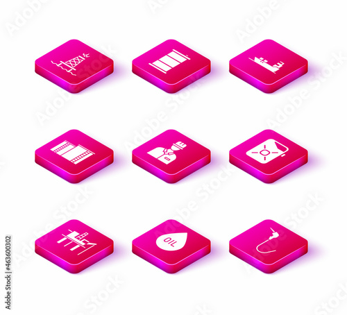 Set Oil platform in the sea, drop, industrial factory building, Oilman, Gasoline pump nozzle, Canister motor oil, tanker ship and Barrel icon. Vector