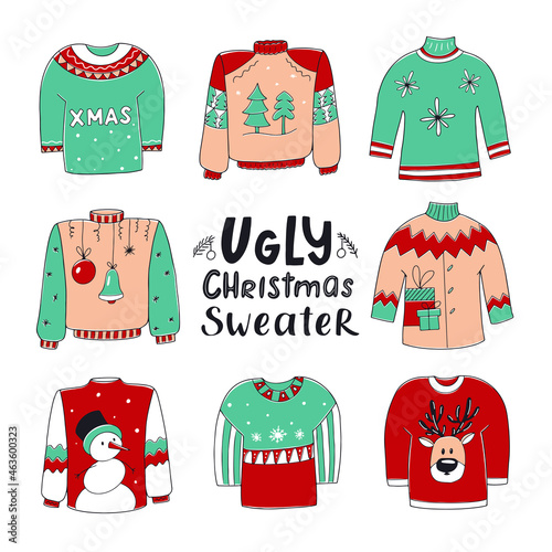 Hand drawn Ugly Sweater set. Collection of colored winter sweaters for the holiday with lettering Vector doodle illustration