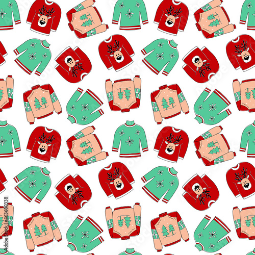 Seamless pattern with Christmas hand drawn sweaters. Ugly Christmas Party vector endless texture