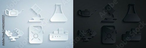 Set Canister for motor oil, Oil petrol test tube, Wrecked tanker ship, Barrel leak and icon. Vector