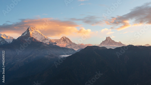 View of Annapurna mountain range from Poon Hill on sunrise. It's the famous view point in Gorepani village in Annapurna conservation area, Nepal.