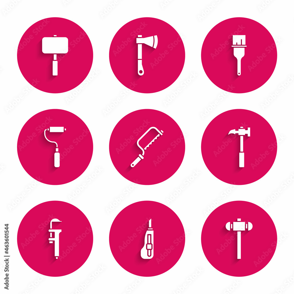 Set Hacksaw, Stationery knife, Sledgehammer, Claw, Calliper or caliper and scale, Paint roller brush, and icon. Vector Set Hacksaw, Stationery knife, Sledgehammer, Claw, Calliper or caliper and scale, Paint roller brush, and icon. Vector