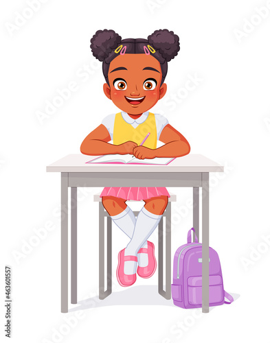 Happy African American girl sitting at the desk. Cartoon vector illustration.