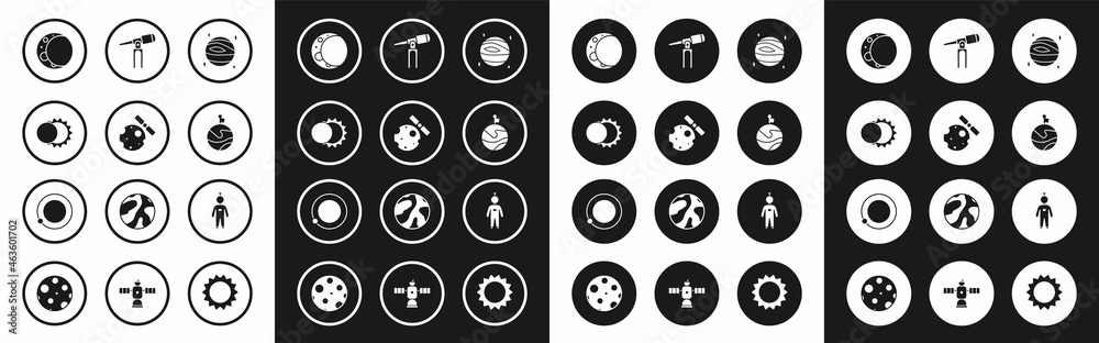 Set Planet Venus, Satellites orbiting the planet Earth, Eclipse of sun, Moon, with flag, Telescope, Astronaut and icon. Vector