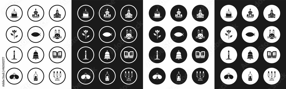 Set Church building, Christian fish, Flower tulip, Easter cake and candle, rabbit, eggs, Holy bible book and Burning candlestick icon. Vector Set Church building, Christian fish, Flower tulip, Easter cake and candle, rabbit, eggs, Holy bible book and Burning candlestick icon. Vector