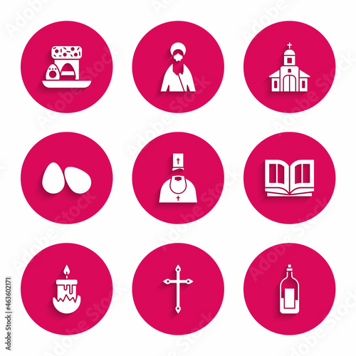 Set Priest, Christian cross, Bottle of wine, Holy bible book, Burning candle, Easter eggs, Church building and cake icon. Vector