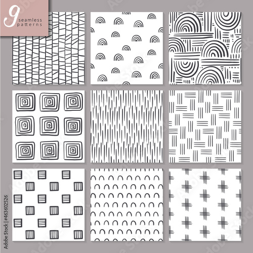 Set of nine hand drawn seamless abstract patterns in black and white colors.