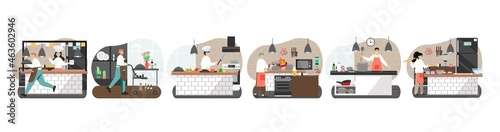 Commercial kitchen scene set. Chef, confectioner, waiter characters, vector illustration. Restaurant business, catering.