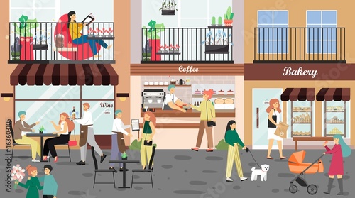 People visiting coffeehouse  cafe  bakery  walking down city street  vector illustration. Small shop exterior  customers