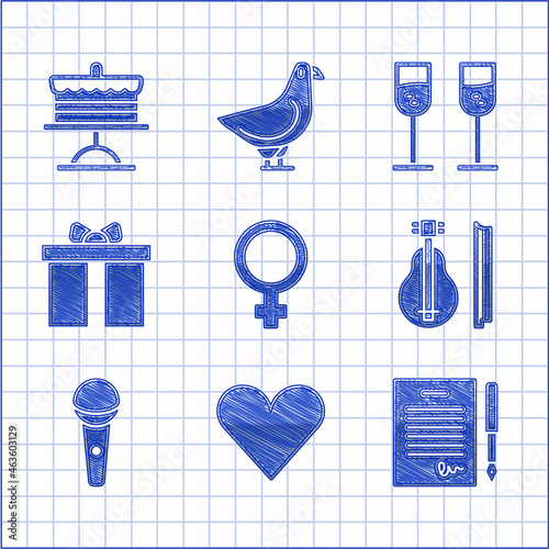 Set Female gender symbol, Heart, Marriage contract, Violin, Microphone, Gift box, Glass of champagne and Cake plate icon. Vector