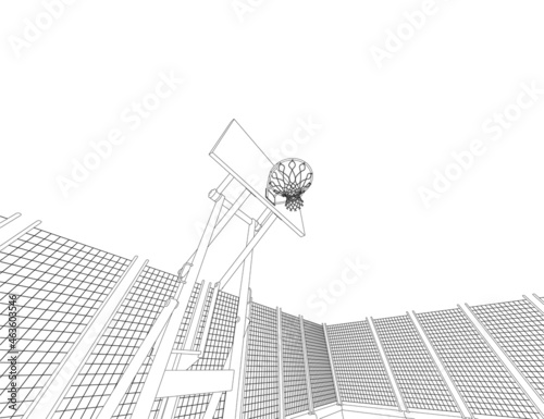 The contour of a basketball hoop on the field, fenced with a net of black lines isolated on a white background. Bottom view. 3D. Vector illustration